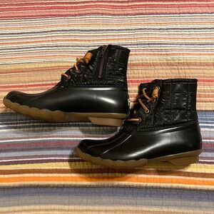 Sperry‎ Women's Black Quilted Puffer Rubber Duck Rain Boots Side Zip Lace Up